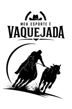 Meu esporte &eacute; Vaquejada &mdash; logo em silhueta preto e branco com vaqueiro montado a cavalo puxando o boi na derrubada
