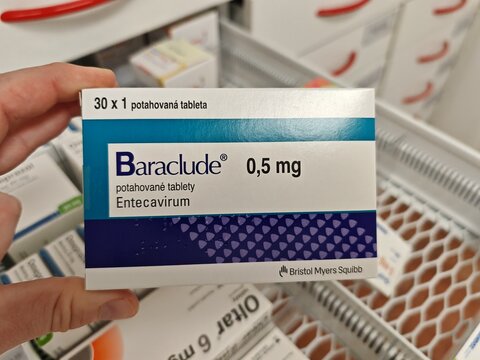 Prague,Czech Republic-30 October 2025:BARACLUDE, active substance ENTECAVIR, producer BMS, indication chronic hepatitis B, night view