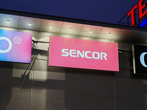 Prague,Czech Republic-14 December 2025:Sencor illuminated company sign