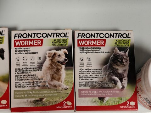 Prague,Czech Republic-5 March 2026:Frontcontrol Wormer veterinary medicine packages