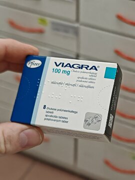 Prague,Czech Republic-7 March 2026:VIAGRA, active substance SILDENAFIL, producer PFIZER, indication erectile dysfunction, wide view