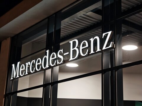 Prague,Czech Republic-29 March 2026:Mercedes-Benz VSP Auto dealership at night, building view