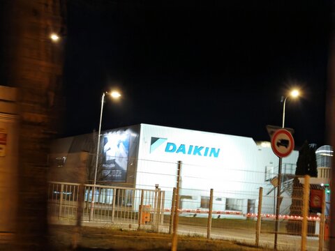 Prague,Czech Republic-29 March 2026:Daikin industrial facility illuminated at night