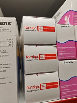 Prague,Czech Republic-2 August 2025:FORXIGA, active substance DAPAGLIFLOZIN, producer ASTRAZENECA, indication diabetes, heart and kidney disease