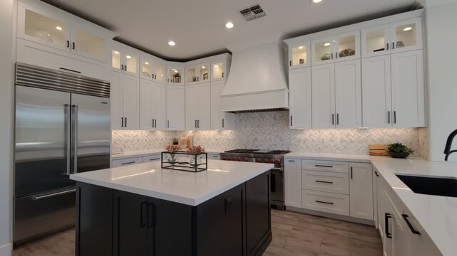 Bright white kitchen with island and stainless appliances