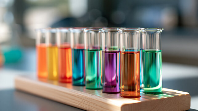 Row of glass test tubes filled with vibrant colorful liquids arranged in wooden rack for scientific research and chemical analysis in laboratory setting, defocused systematic