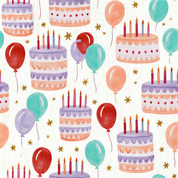 Colorful birthday cake and balloon seamless pattern