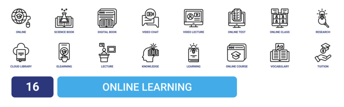Set of 16 outline web Online Learning icons such as tuition, vocabulary, online course, learning, knowledge, lecture, elearning vector icons for report, presentation, diagram, web design, mobile app