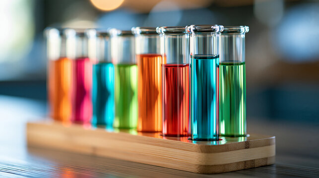 Row of glass test tubes filled with vibrant colorful liquids arranged in wooden rack for scientific research and chemical analysis in laboratory setting, defocused systematic