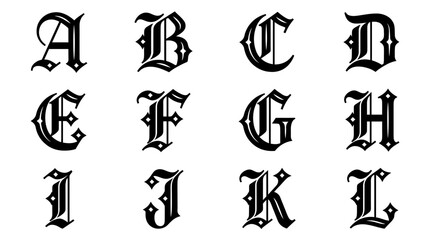 Set of capital letters from A to L in an ornate gothic blackletter font style. © Humer