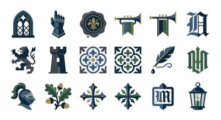 Set of medieval heraldry and gothic architectural icons for historical design projects. © Humer