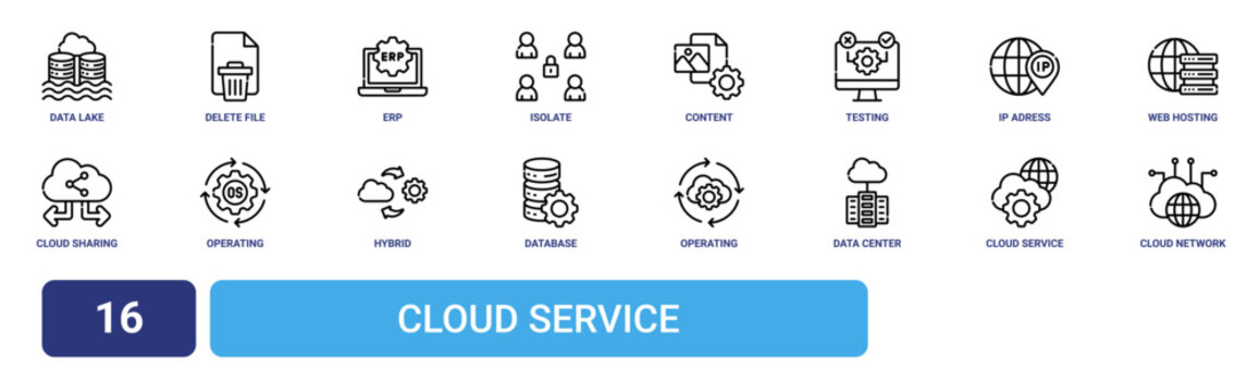 Set of 16 outline web Cloud Service icons such as cloud network, cloud service, data center, operating, database management, hybrid, operating system vector icons for report, presentation, diagram,