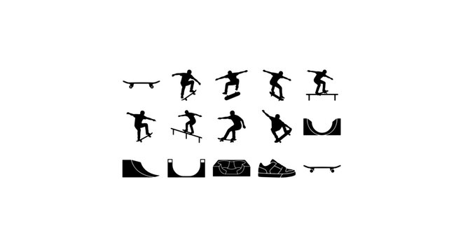 Skateboarder Silhouette Icons, Extreme Sports Action Vector Graphics, Urban Lifestyle Elements