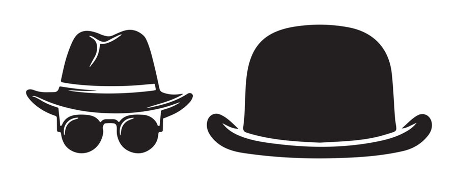 Detective fedora hat and classic bowler hat silhouettes for vintage apparel and retro style design.