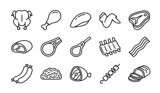 Chicken and assorted meat cut outline icons for cooking and food illustration
