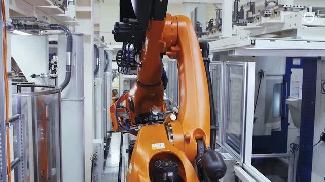 industrial robot arm moving and manipulating objects in a factory setting with metallic structures and orange and white colors, side view of the technological and industrial environment.