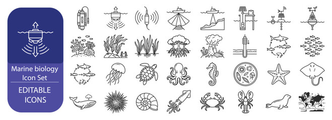 Naklejka premium Marine Biology Ocean Life Editable Line Icon Set
