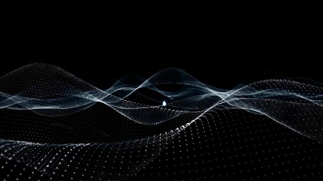 Abstract animation of flowing waves formed by white particles moving smoothly on a dark background. Layered composition brings together flowing wave formed by and motion.