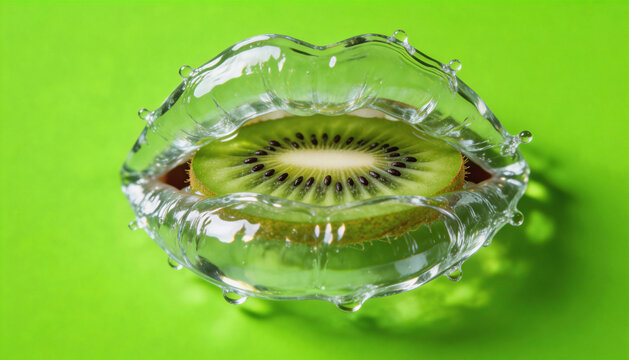 Transparent glass lips revealing juicy kiwi slice