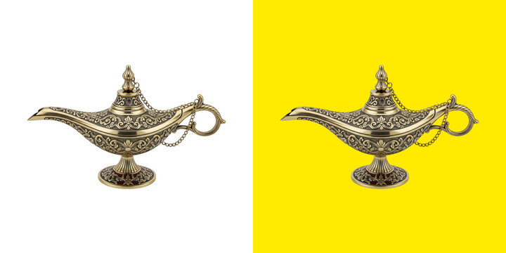 Ornate antique brass magic lamp with floral engravings for fantasy tales png