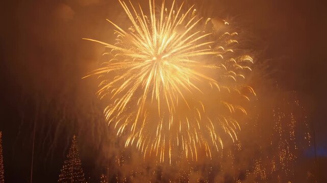Golden fireworks explode and cascade against a dark night sky with glowing sparks and smoke. Animated scene combines sparks and light bursts with layered visual depth.