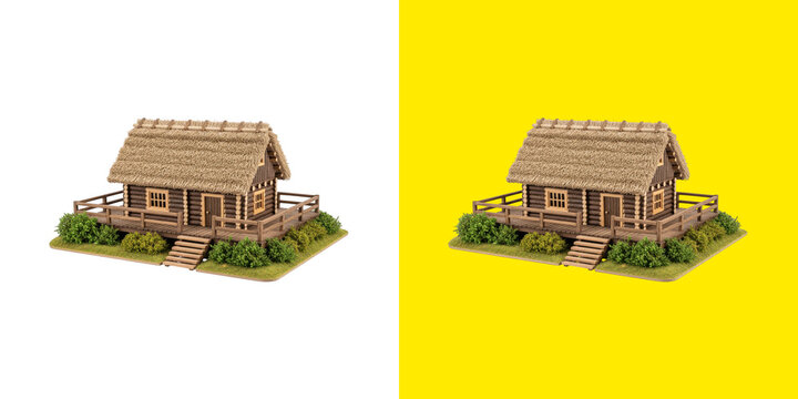 Rustic log cabin with thatched roof and wooden deck miniature png