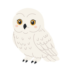 Fototapeta premium This cute cartoon owl has a white fluffy body. Large brown eyes and pink cheeks give it charm. Small black beak and claws complete the image. Friendly appearance suits children's themes