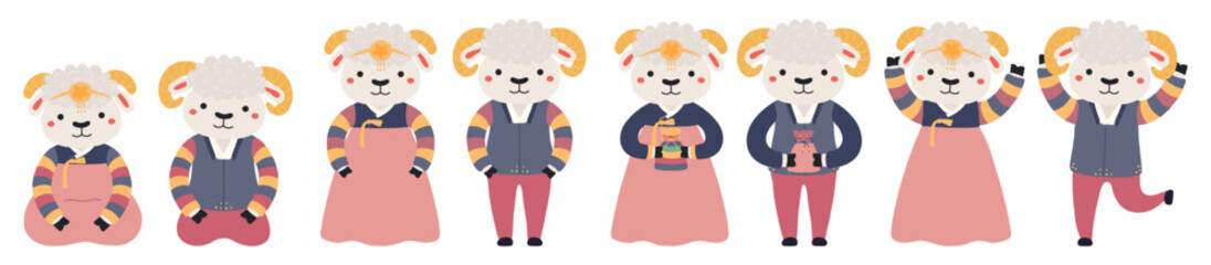 Naklejka premium Cute sheep girl, boy in traditional Korean clothes hanbok illustration isolated set. Cartoon characters. Lunar New Year Seollal banner, card design element, clip art collection. Hand drawn vector