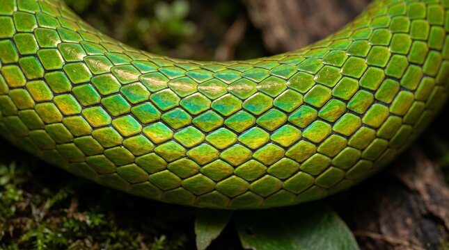 Close up macro pattern of iridescent green snake scales