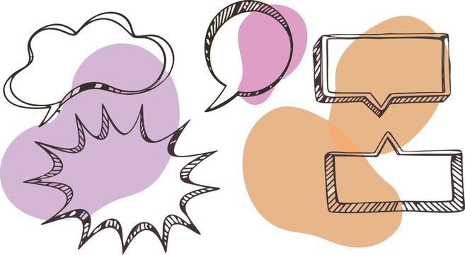 Hand Drawn Colorful Speech Bubble Set &ndash; Doodle Comic Chat Icons Vector Collection, Cartoon Message Boxes, Sticker Style UI Elements