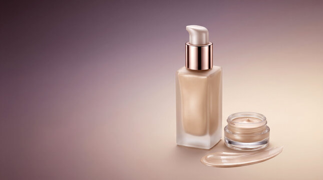 Luxury makeup primer bottle and cream jar with swatch on a gradient background