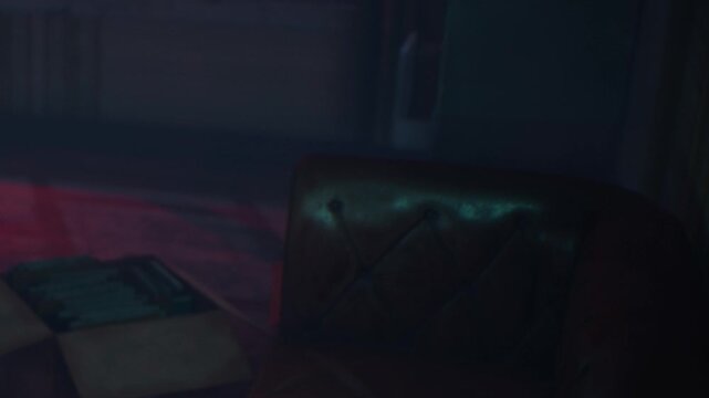 A worn chair sits in the corner of a dimly lit room. Papers are scattered on the floor. Soft shadows fill the space. The night adds a sense of quiet to the scene.