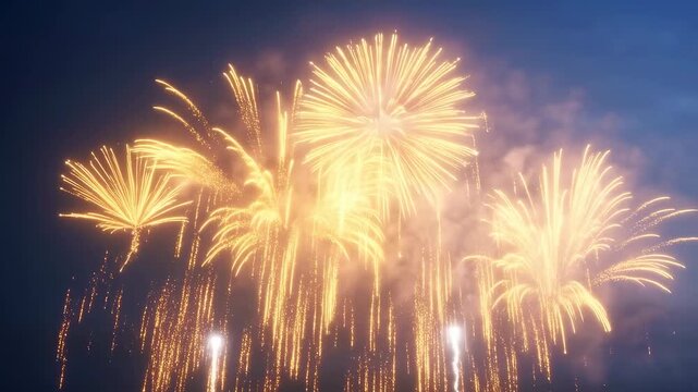Multiple golden fireworks bursts explode vividly against a deep blue night sky with sparks falling and smoke drifting upward. Exploding creates glowing light and visible depth.