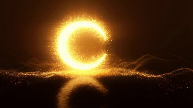 Glowing golden particles shimmer and flow around a reflective letter C on a dark background. Animated background combines letter c with luxury and elegance.