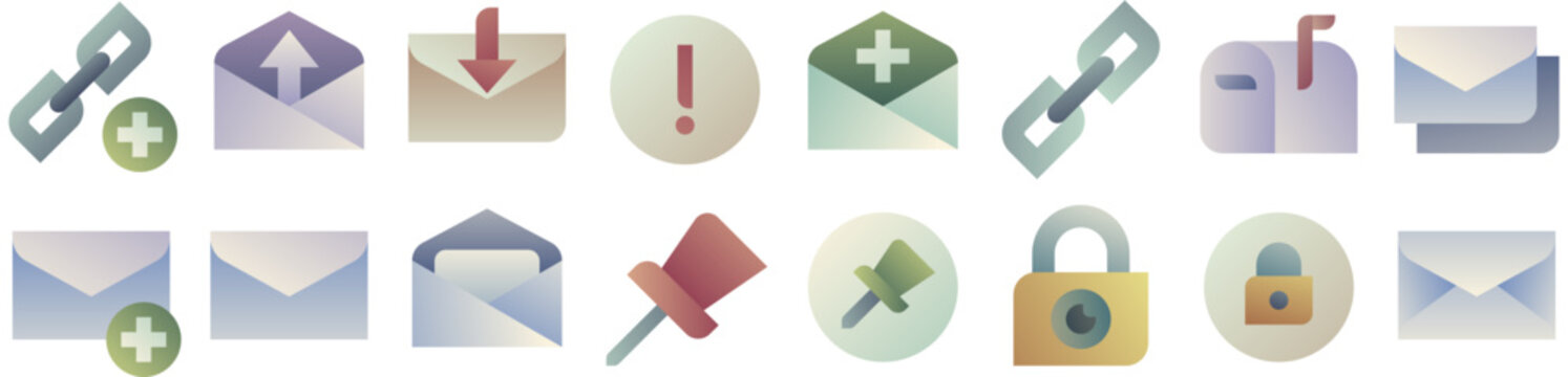 Email Icon Pack including mail, link, message, open envelope, letter, post, inbox, communication, security, privacy, mailbox, mailing. Vector icon collection.