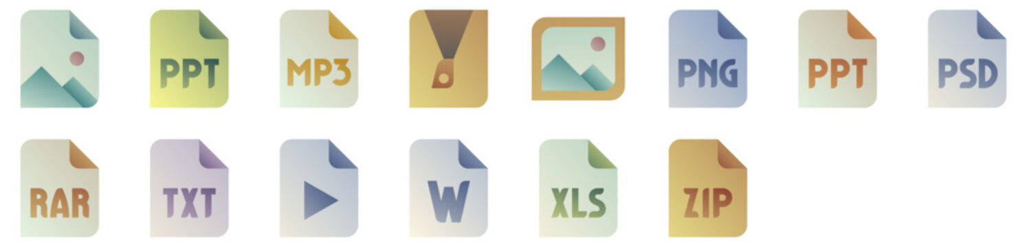 Files Icon Pack featuring file, format, data, filetype, extension, document, archive, storage, zip, compression, page, text, video, image. Vector icon collection.