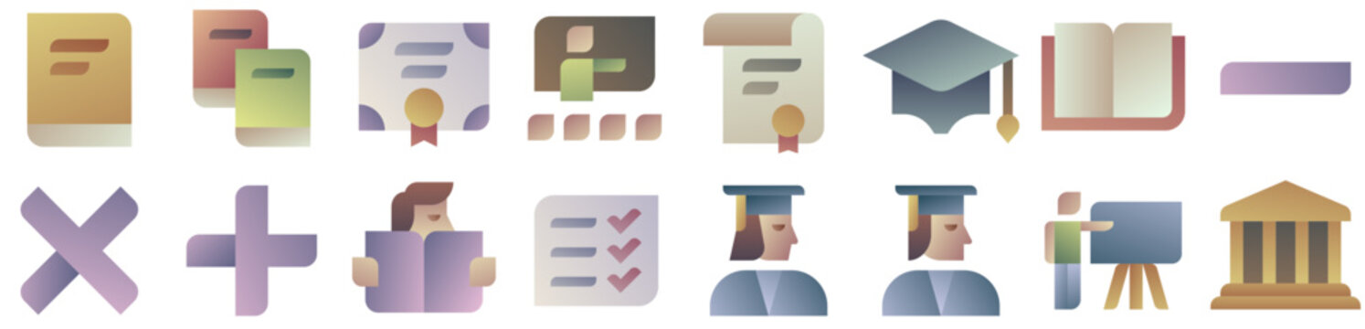 Education Icon Set featuring graduation, book, university, graduate, school, student, sign, study, college, cap, literature, math, degree, diploma. Vector icon pack.