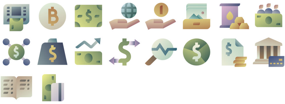 Finance Icons including money, bank, economy, financial, dollar, investment, cash, payment, growth, economic, credit, savings, currency, fund. Set of vector icons.