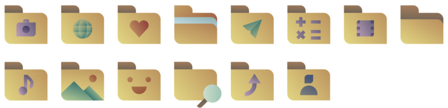 Folders Icons featuring folder, file, directory, storage, data, user, documents, music, type, open, files, document. Set of vector icons.