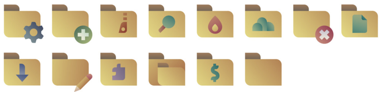 Folders Icons: folder, file, directory, storage, data, archive, documents, type, new, files, document. Vector icon collection.