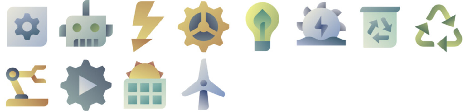 Green Tech & High Tech Icon Set: energy, gear, power, technology, ecology, robot, electricity, solar, machinery, renewable, manufacturing, automation, recycle, technical. Set of vector icons.