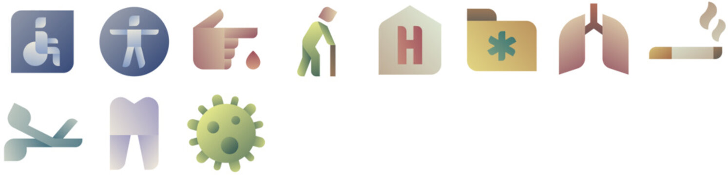 Healthcare Icons &mdash; medical, hospital, medicine, tooth, smoking, accessibility, folder, treatment, lung, stick. Set of vector icons.