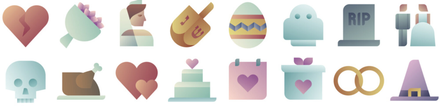Holidays Icons: ghost, st. valentines, day, wedding, skull, celebration, hat, love, marriage, egg, halloween, emoji. Vector icon pack.