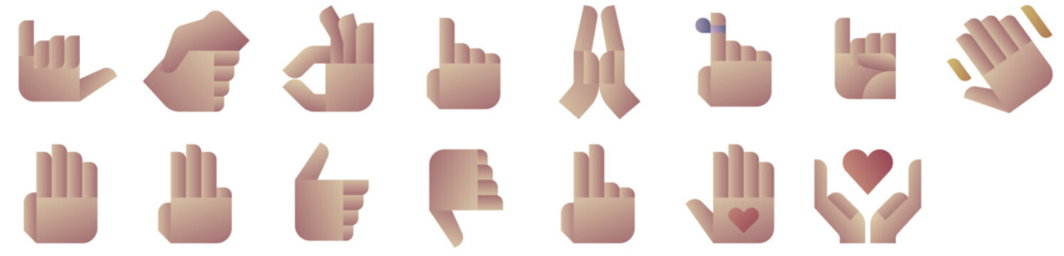 Hand Gestures Icons including hand, finger, sign, gesture, handshake, language, fingers, heart, hands, pointing, thumb, down, up, support. Vector icon collection.