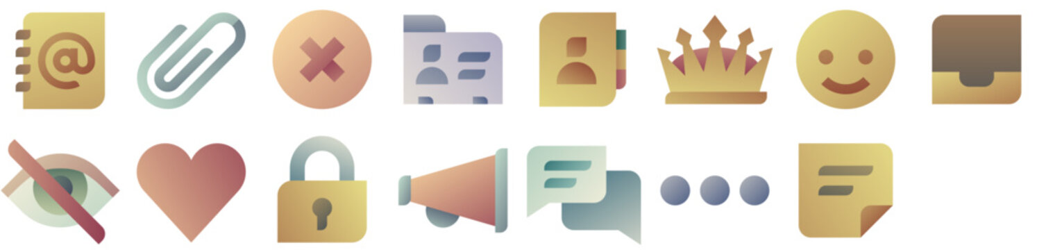 Messaging Icon Pack including face, emoji, message, chat, heart, speech bubble, emoticon, happy, button, crown. Set of vector icons.