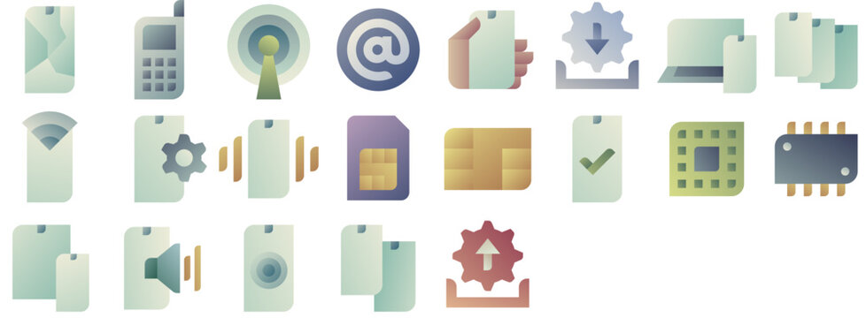 Mobile Icon Pack: phone, smartphone, device, gadget, technology, cell, electronics, cellphone, chip, sim card, tablet, cellular, wireless. Vector icon collection.