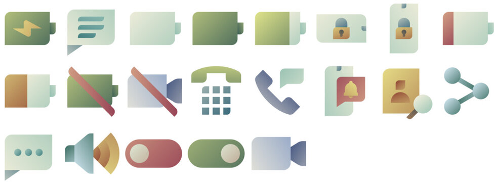 Mobile Interface Icons featuring battery, phone, power off, no video, toggle, message, charge, charging, lock, camera, slider, share. Set of vector icons.
