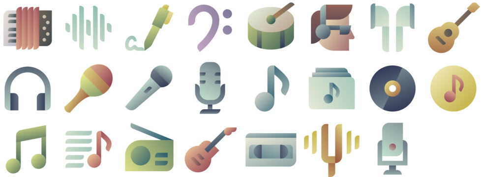 Music &mdash; sound, musical, instrument, audio, rock, note, record, play, microphone, melody, mic, drum, emoji. Vector icon collection.