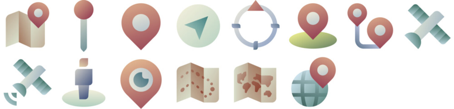Navigation Icon Pack including map, location, gps, marker, pin, point, area, geography, geo, position, direction, place. Vector icon collection.