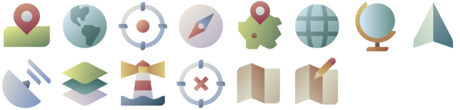 Navigation Icon Pack featuring map, location, gps, marker, pin, point, area, geography, geo, position, direction, place. Vector icon pack.
